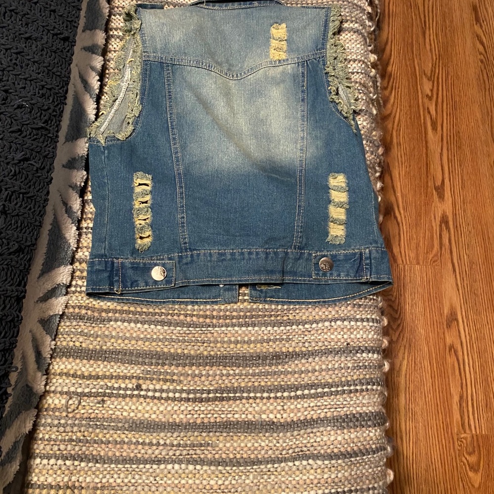 Faux Pearl and Rhinestone Distressed Jean Vest - Picture 3 of 3